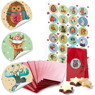 Produktbild von 24 rote Blockbodenbeutel Pergamineinlage 7 x 4 x 20,5 c) + runde Weihnachts-Aufkleber Weihnachtswünsche Verpacken Pralinen Tee und kleine Geschenke WeihnachtenAdventskalenderzahlen / 24 Stück