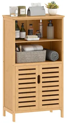 Produktbild von Badezimmerschrank aus Bambus, Lamellentüren, 2 Regale, 1 Schrank, für Badezimmer