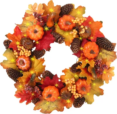 Productafbeelding van Kunststof herfstkrans, 40 cm, pompoenkrans, herfstbladeren, esdoornblad, herfstkrans, decoratie voor de voordeur, deurkrans, LED-verlichting, pompoenen, bessen, dennen