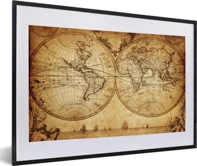 Produktbild von MuchoWow® Gerahmtes Poster Weltkarte - Antik - Vintage - Kind - Junge - Mädchen 60x40 cm - Poster mit Schwarzem Bilderrahmen Wandposter Rahmen Foto Bilder - Schlafzimmer - Plakat in Rahmen - Drucken