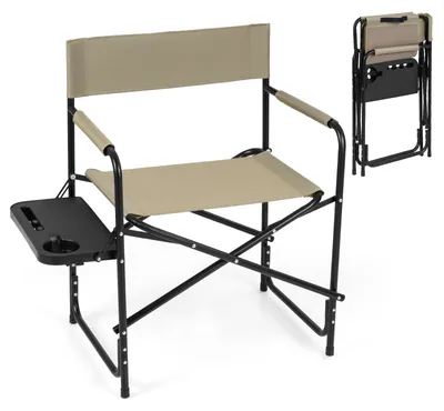 Produktbild von COSTWAY Regiestuhl klappbar, Campingstuhl mit Seitentisch, Getränkehalter & Schliz, Angelstuhl bis 160 kg belastbar, tragbarer Klappstuhl Braun