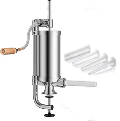 Produktbild von 3 LB Wurstmaschine aus Edelstahl, vertikal Wurstfüller mit Handkurbel, feste Halterung, 4 Füllrohre, ideal für Wurstherstellung zu Hause