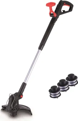 A black and silver electric grass trimmer with a red handle, shown on a white background. Three spools of trimmer line are placed to the right of the trimmer.