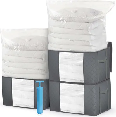 Produktbild von VOUNOT® 7er Set Große Vakuum Aufbewahrungstasche mit Pumpe, 3 Vakuumbeutel, 3 EDENOO Aufbewahrungstasche mit Griff und Reißverschluss, Grau