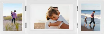 A triptych of framed photos showing a father and son at the beach.