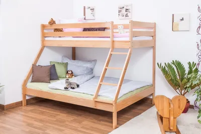 Produktbild von Etagenbett / Spielbett Lukas Buche massiv Natur mit schräger Leiter, inkl Rollrost