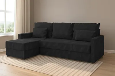 Produktbild von Ecksofa **KUBO L** mit Schlaffunktion **120 × 200 cm**, Bettkasten, universell links/rechts montierbar, **Kronos 07 Schwarz**, **226 cm**.