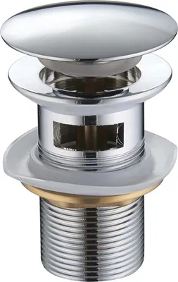 A chrome-plated pop-up drain stopper for a sink.