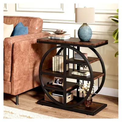 Produktbild von 5-stufiger Beistelltisch aus Holz, 60 x 30 cm, Couchtisch mit Metallrahmen, industrieller Beistelltisch für das Wohnzimmer, hoher schmaler Nachttisch für das Schlafzimmer