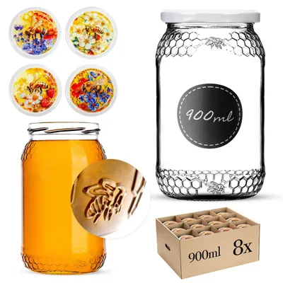 Zdjęcie produktu dla Słoiki KADAX 900ml TO82, duże słoiki z zakrętką, idealne do konserwowania warzyw, kiszenia ogórków i fermentacji (Bunte Biene, 8 sztuk)