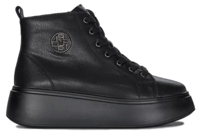 Produktbild von Damen Leder-Stiefeletten Schwarz 5 cm Plateau Schnürung Reißverschluss gefüttert 10 cm Schafthöhe DBT633825BK