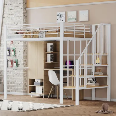 Produktbild von Flieks Kinder Etagenbett Metall Weiß 140x200cm mit Treppe (inkl. Ablagen), Rausfallschutz, Lattenrost (20 Latten) und frei gestaltbarem Unterbereich.