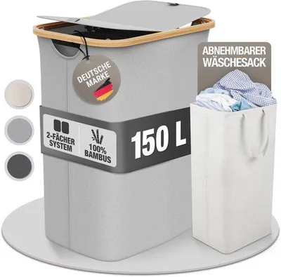 Obrázok produktu pre Skladací koš na bielizeň 150 l, dvojitý, svetlosivý, bambusový