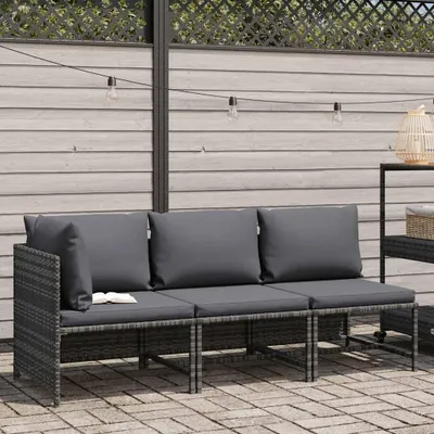Image de vidaXL Ensemble de salon de jardin 3 pièces avec coussins Poly rotin gris