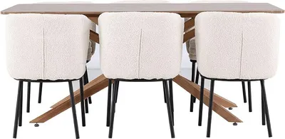 Imagen del producto de Conjunto de comedor Piazza: mesa de 90x180 cm y 6 sillas de bouclé color moca.