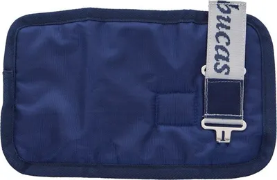 A close-up view of a navy blue horse blanket extender with a gray strap that has the brand name 'Bucas' printed on it.