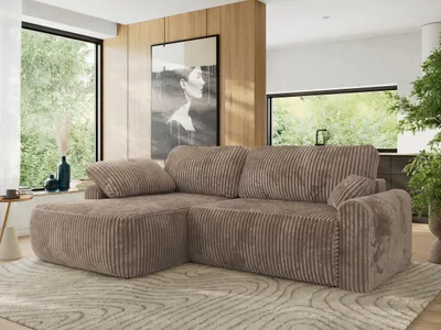 Produktbild von MKS MEBLE Ecksofa CUBO L-form, lose Kissen, Ecksofa 273x187x100 cm mit Schlaffunktion, Bettkasten - Braun Cord - Links Seite