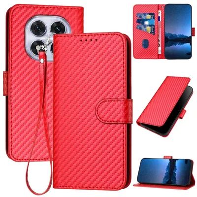 Productafbeelding van Voor Xiaomi Redmi Note 14 Pro 5G: Carbonvezel kunstleren hoesje met lanyard, rood