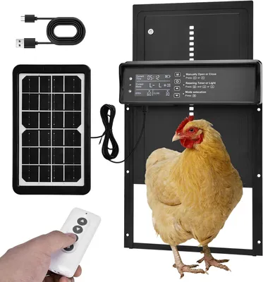 Zdjęcie produktu dla Automatyczna klapa dla kurczaków Solar Aluminium Elektryczne drzwi dla kurczaków z wyświetlaczem Czujnik światła Timer Pilot zdalnego sterowania Inteligentna ochrona przed przytrzaśnięciem Wodoodporne