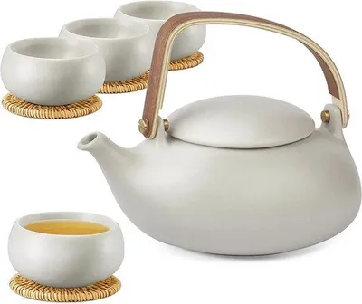 Image de Théière en céramique grise de 800 ml avec 4 tasses et une poignée en bois