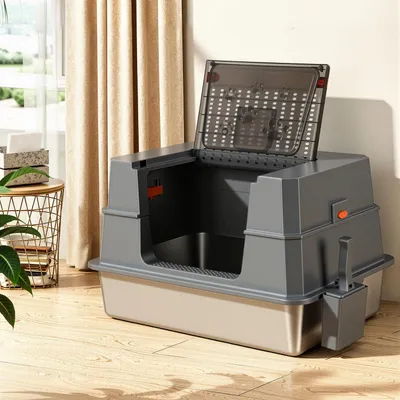 Image de Litière pour chat ISOISL XXL en acier inoxydable, 70 x 50 x 43 cm, avec couvercle rabattable, spacieuse, de couleur grise et noire