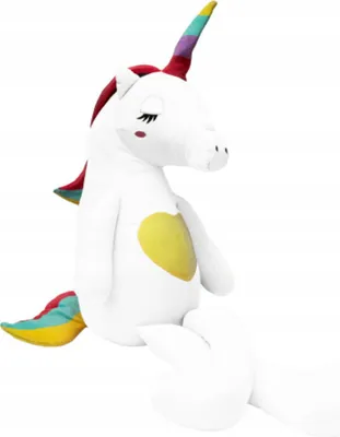 A white plush unicorn toy with a yellow heart on its chest and a rainbow-colored mane and tail, sitting against a white background.