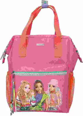 Produktbild von Depesche Rucksack JOY, 100 % PES, Pink, bunt gemustert, orangefarben, mit Fronttasche (Models-Motiv), Reißverschluss-Anfasser (HAPPY GIRLS), integriertem Bügelverschluss, gepolstertem Tablet-Innenfach und seitlichen Netztaschen