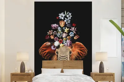 Produktbild von MuchoWow® Fototapete für Wohnzimmer oder Schlafzimmer Wandtapete Vinyl Motivtapete Elefant - Blumen - Schwarz - 160x240 cm - Vinyltapete