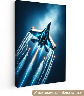Produktbild von MuchoWow® - Leinwandbilder - Düsenjäger - Blau - Jungen, Wandbild, Wanddeko Bilder Wohnzimmer, 80x120 cm