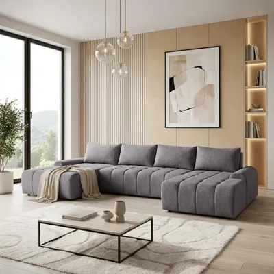 Image de BEAUTYSOFA | Canapé d'angle Costa U - Canapé d'angle avec fonction couchage et coffre de rangement - Tissu Vogue gris foncé
