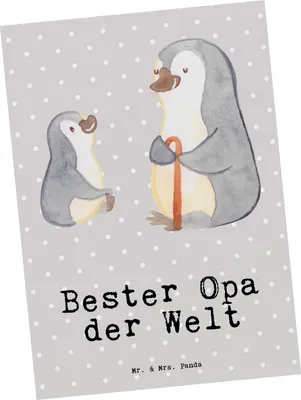 Produktbild von Mr. & Mrs. Panda Postkarte Pinguin Bester Opa der Welt - Grau Pastell - Geschenk, Enkel, Geschenkidee, Grußkarte, Ansichtskarte, Geburtstag, Postkarten, Ansichtskarten
