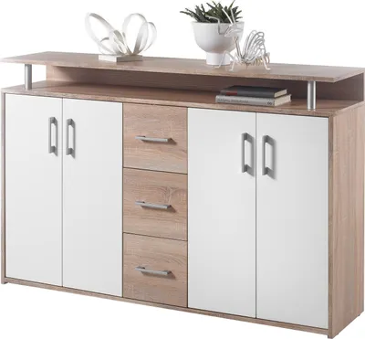 Produktbild von Highboard Delia I, Sonoma-Eiche hell/Weiß, Spanplatte, 90 cm x 139 cm x 34 cm, für Flur