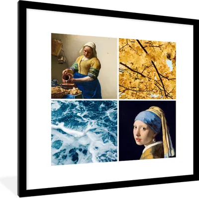 Produktbild von MuchoWow® Gerahmtes Poster Milchmädchen - Mädchen mit Perlenohrring - Collage 40x40 cm - Poster mit Schwarzem Bilderrahmen Wandposter Rahmen Foto Bilder - Poster - Plakat im Rahmen