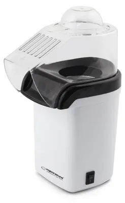 A white and black popcorn maker is shown against a white background.
