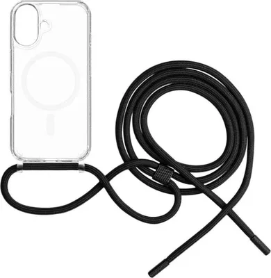 Zdjęcie produktu dla Etui na telefon iPhone 16 Plus, Fixed MagPure Neck z MagSafe, przezroczyste z czarną smyczą