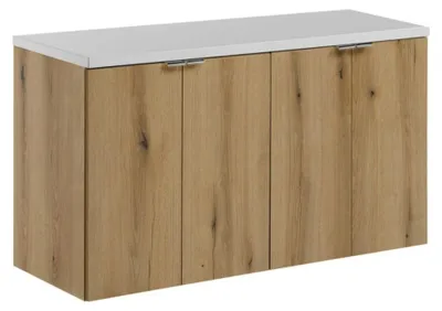 Productafbeelding van Hangend badkamermeubelset VANO eiken en wit 100cm: onderkasten met deuren + blad voor wastafel