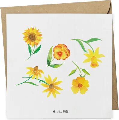 Produktbild von Mr. & Mrs. Panda Glückwunschkarte Sonnengruß Design - Weiß - Geschenk, Gelbe Blumen, anlasskarte, faltkarte, Grußkarte, Klappkarte, doppelkarte, Sonnenblume, Osterglocke