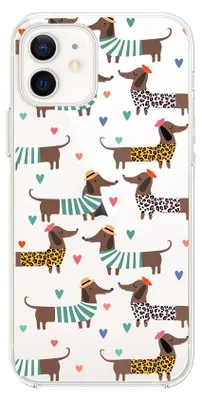 Zdjęcie produktu dla Elastyczne etui do iPhone'a 12 Mini, wykonane z przezroczystego silikonu TPU, z motywem przedstawiającym taksela i serca