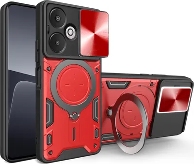 Produktbild von Handyhülle für Xiaomi Redmi 13C 5G Dual-Layer Stoßfest Rüstung Hülle mit Dia Kameraschutz und Kreisförmig Ring Ständer Rot