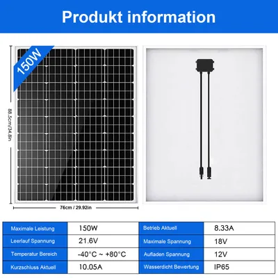 Produktbild von 150W Solarmodul PV Balkonkraftwerk Mono Solarpanel Photovoltaik Solaranlage Für Auto Boot RV