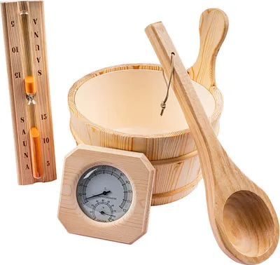 Immagine prodotto di Home Deluxe - Accessori per sauna 5 pezzi - Q PREMO - incl. secchio per sauna, mestolo per sauna, clessidra