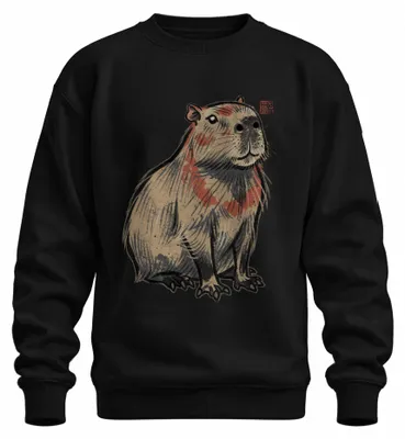 Imagen del producto de Camiseta de manga larga o sudadera con estampado de capibara ("Wasserschwein" en alemán), estilo Ukiyo-e japonés, temática de Japón y el año 2000, color , talla XL