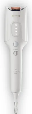 A white hair styling device with a copper accent on a white background.