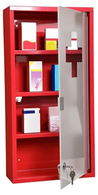 Productafbeelding van Afsluitbaar medicijnkastje met 4 vakken, glazen deur, staal, 60 x 30 x 12 cm, rood