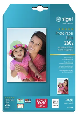 Produktbild von SIGEL IP706 Inkjet Fotopapier Ultra, hochglänzend, 260 g/m², 13x18 cm, 18 Blatt