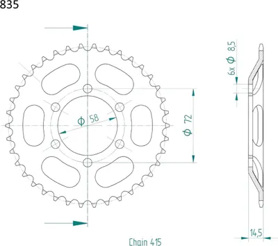 Produktbild von Kettenrad 43 Zähne Teilung 415 Typ 0835 SCHWARZ für Zündapp C ZD Hai ZX ZL KS GTS CS 25 50 Typ 441 446 448 460 517 529