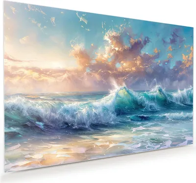 Produktbild von Glasbild 75x50cm in XXL für Wohnzimmer, Schlafzimmer Motiv Ozeanwellen Sonnenaufgang