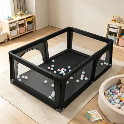Produktbild von Baby Laufgitter faltbar 180x120cm Laufstall Absperrgitter mit 50 Spielbällen,Rutschfester Basis Schwarz