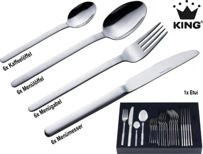Produktbild von 25tlg. KING® Besteckset MONI im ETUI / Edelstahl 18/0 / Messerstahl / 6x Menümesser, 6x Menülöffel, 6x Menügabel, 6x Kaffeelöffel, 1x Etui