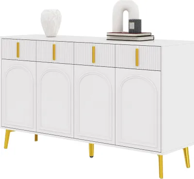 Image de Buffet Fortuna Lai avec poignées et pieds dorés, 4 portes, 4 tiroirs, avec stratifié amovible, blanc
